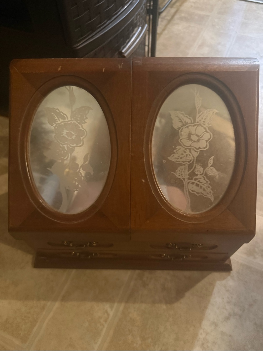 Wood-Finish Jewelry Organizer with Etched Glass Panels - Brown